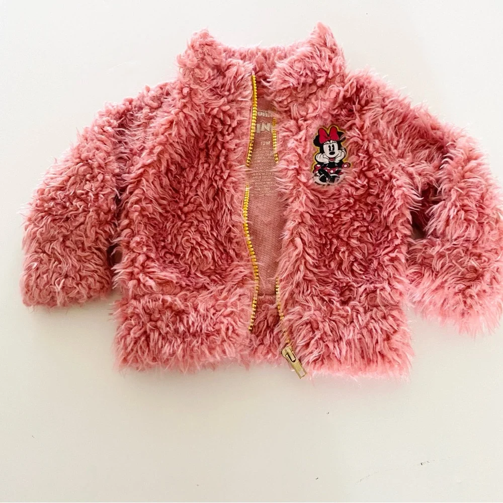 Disney Junior Minnie Mouse Jacket 12 Months Pink Fuzzy Sherpa Embroidered Patch